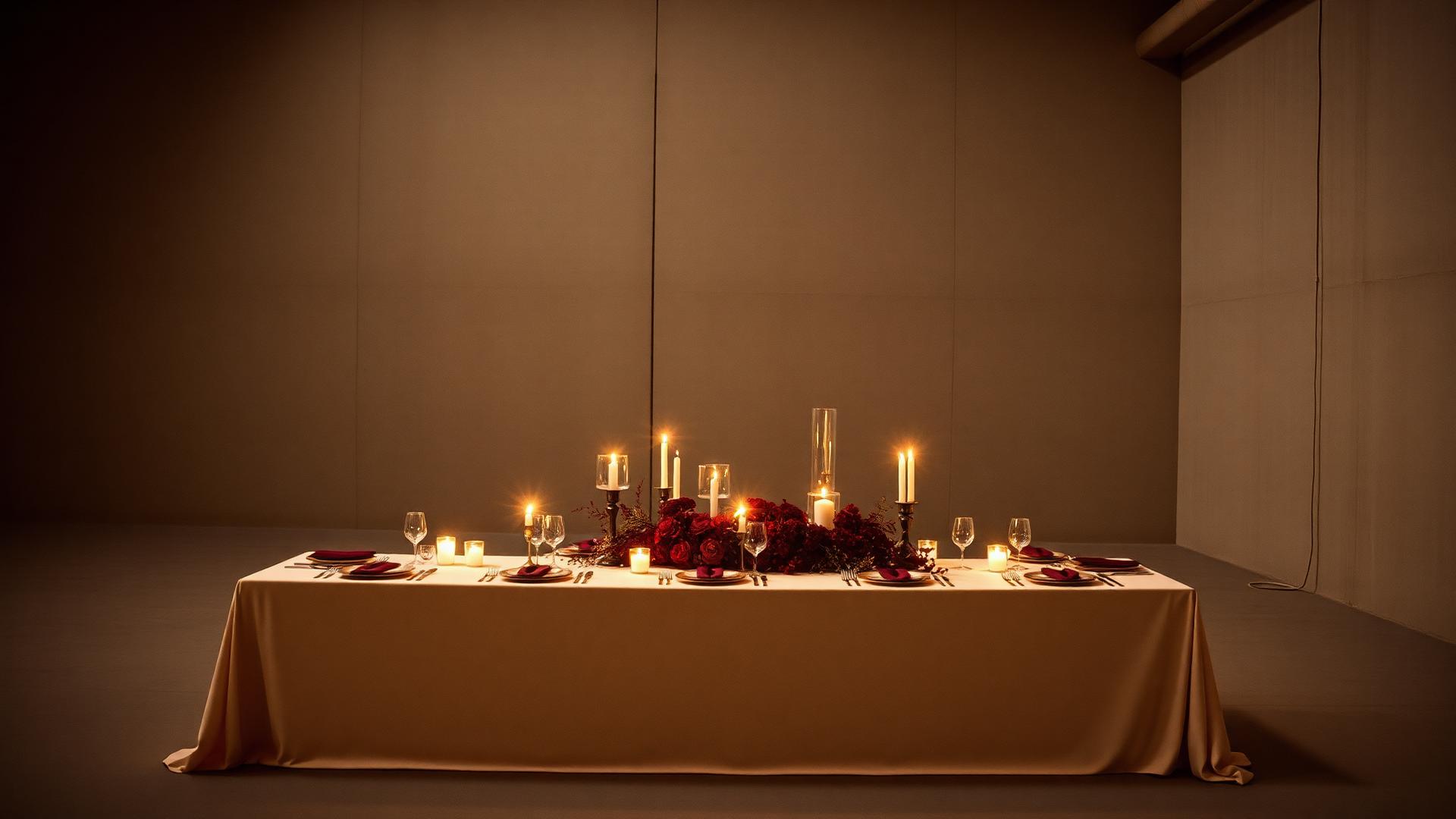 Candlelit dinner table set for guests in a warm, low-lit room